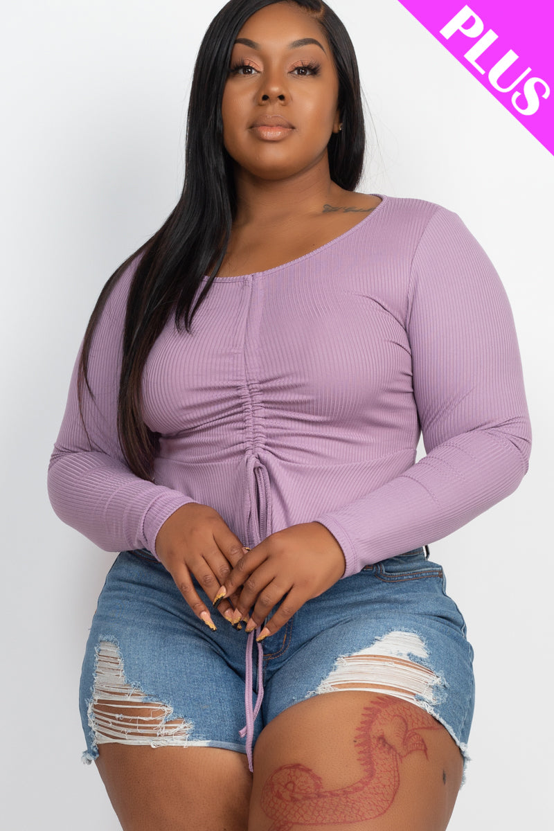 Plus Size Ribbed Drawstring Front Long Sleeve Peplum Top - Capella Apparel Wholesale