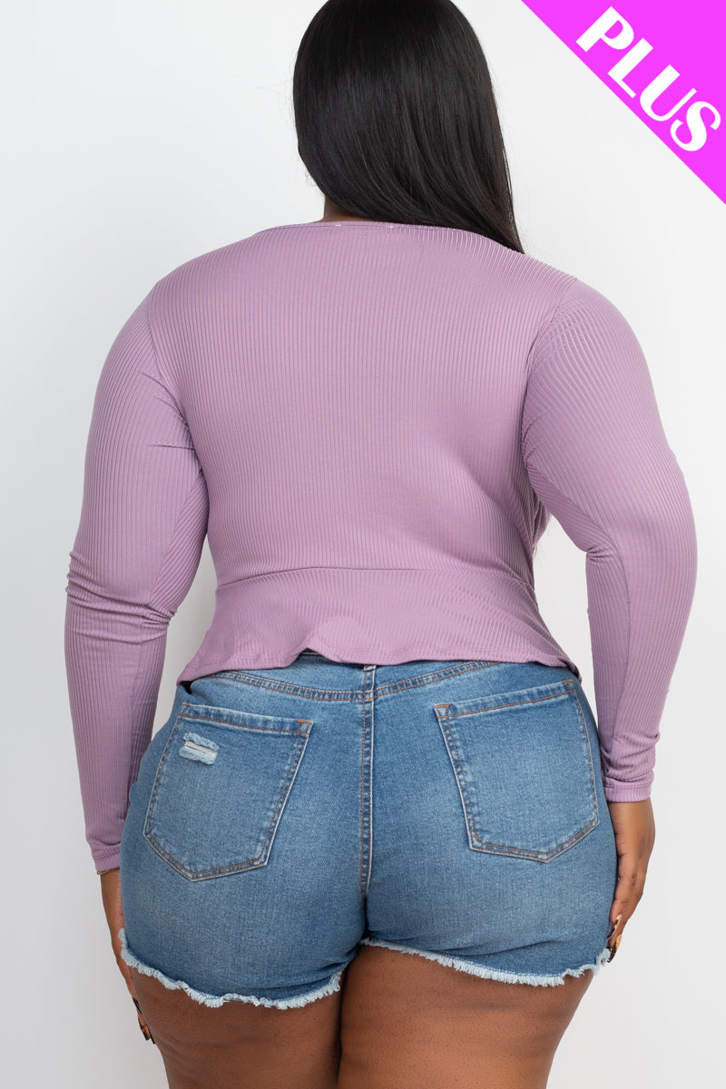 Plus Size Ribbed Drawstring Front Long Sleeve Peplum Top - Capella Apparel Wholesale