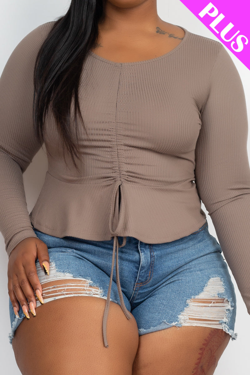 Plus Size Ribbed Drawstring Front Long Sleeve Peplum Top - Capella Apparel Wholesale