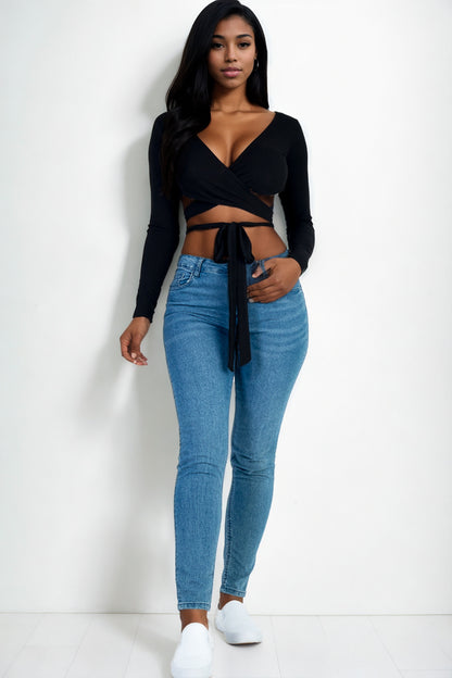 [$3/piece] Cross Wrap Tie Front Rib Knit Crop Top