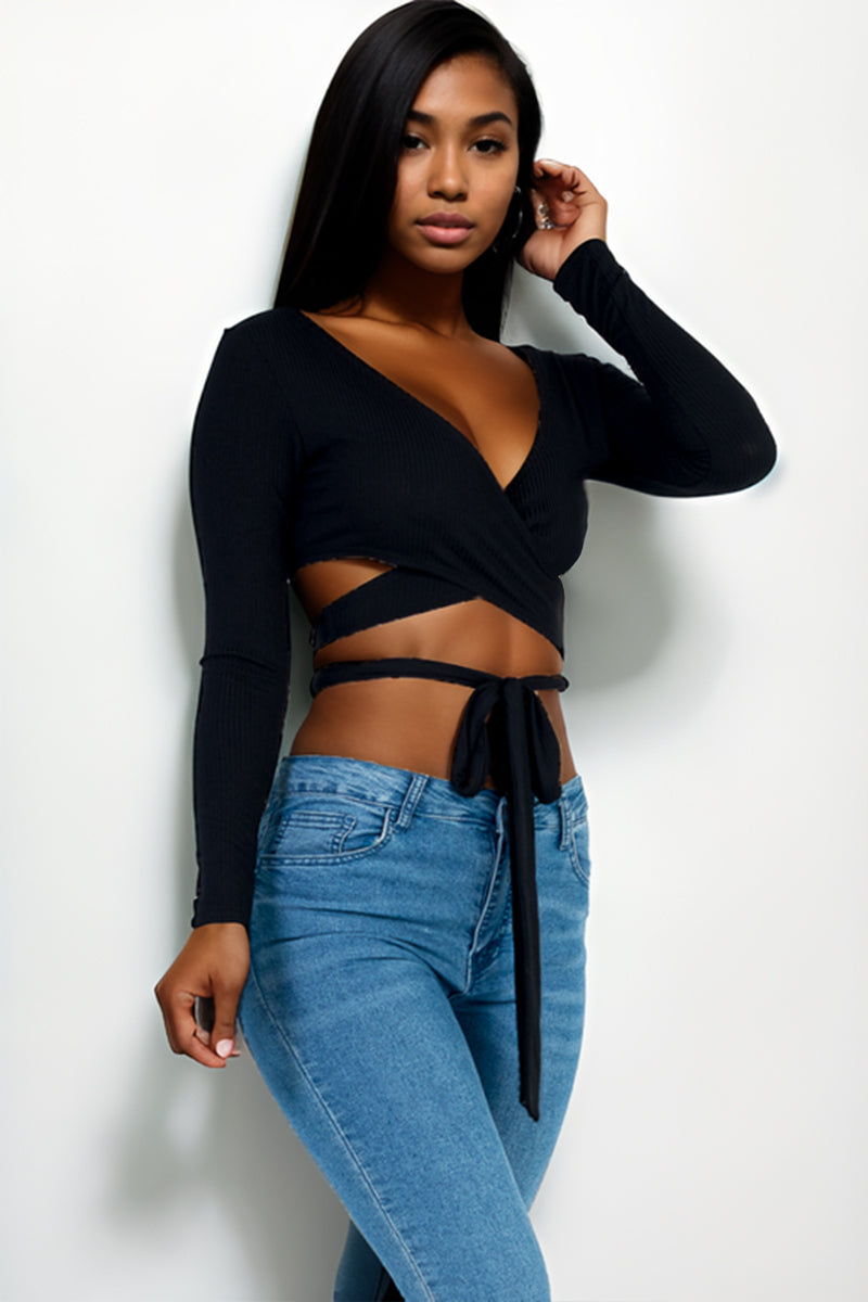 [$3/piece] Cross Wrap Tie Front Rib Knit Crop Top