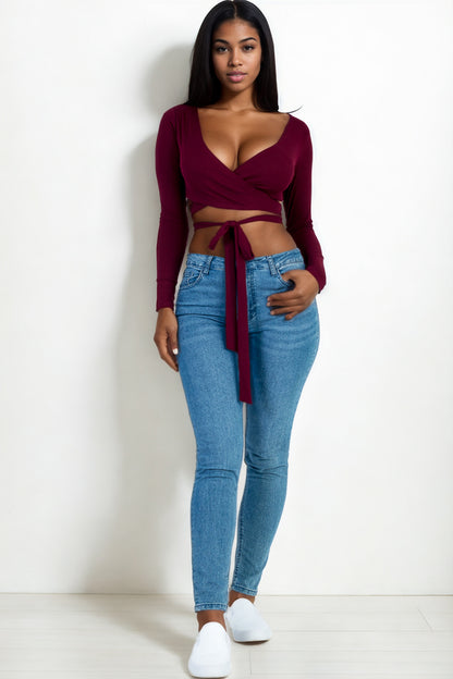 [$3/piece] Cross Wrap Tie Front Rib Knit Crop Top