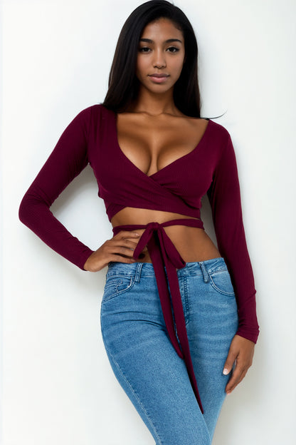 [$3/piece] Cross Wrap Tie Front Rib Knit Crop Top