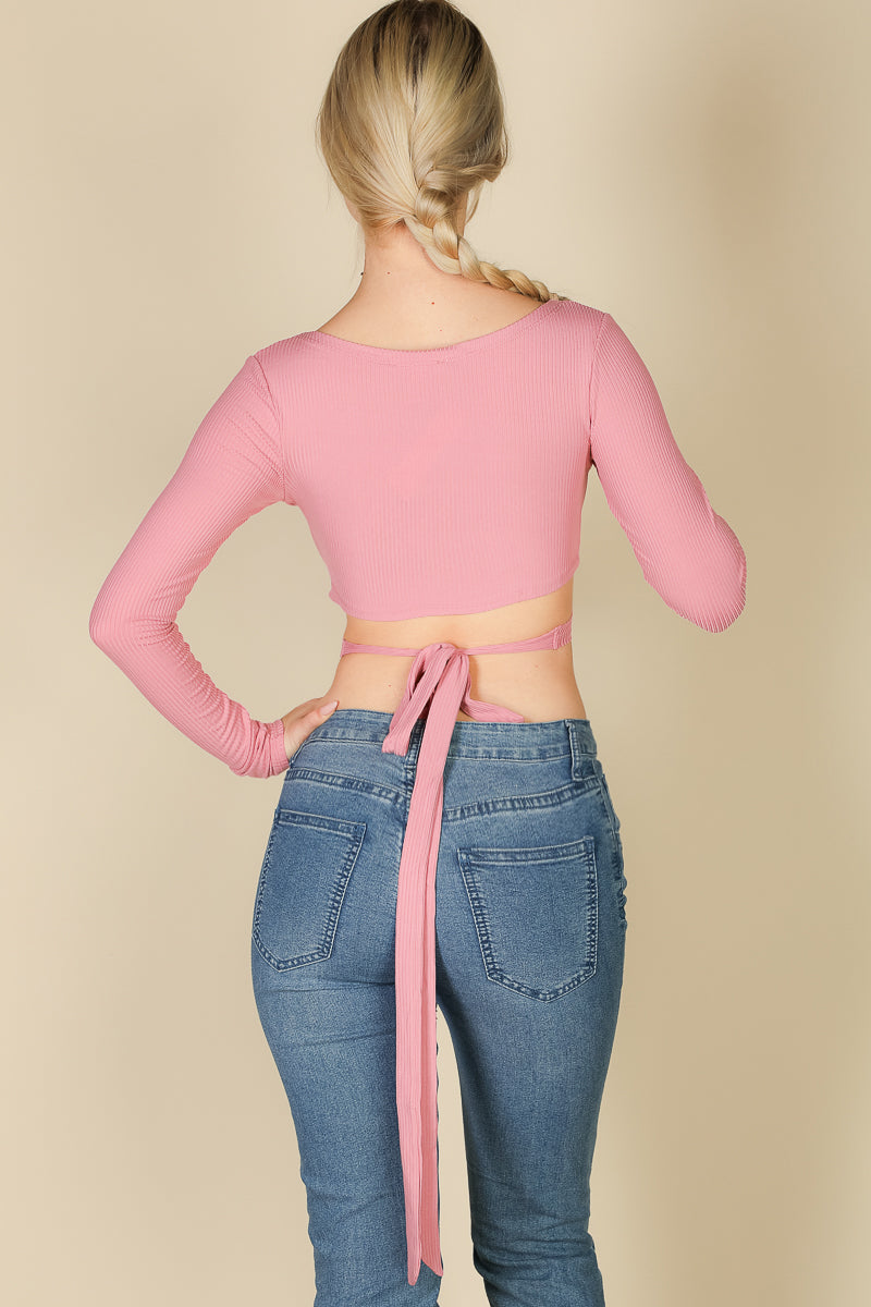 [$3/piece] Cross Wrap Tie Front Rib Knit Crop Top