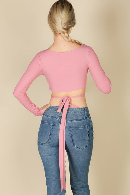 [$3/piece] Cross Wrap Tie Front Rib Knit Crop Top