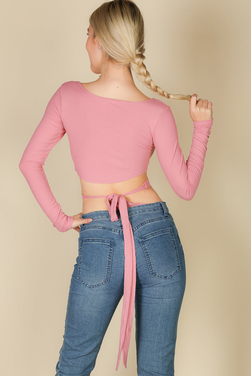 [$3/piece] Cross Wrap Tie Front Rib Knit Crop Top