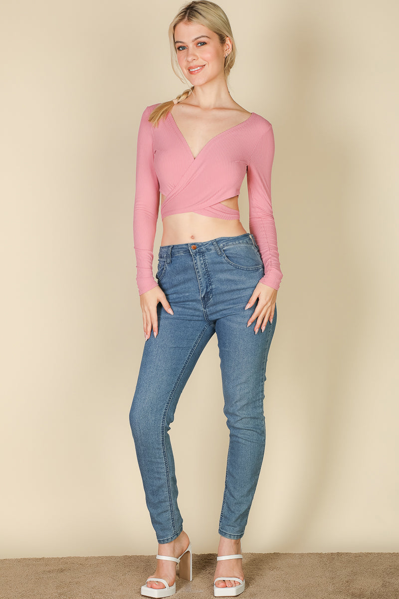 [$3/piece] Cross Wrap Tie Front Rib Knit Crop Top