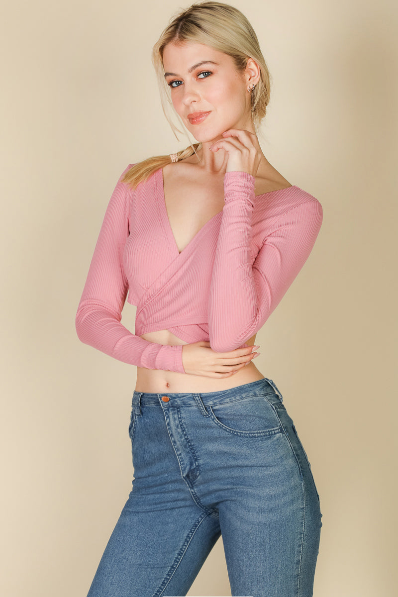 [$3/piece] Cross Wrap Tie Front Rib Knit Crop Top