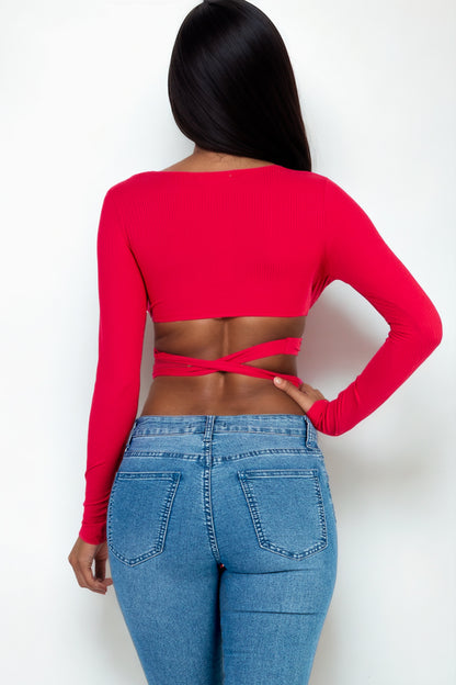 [$3/piece] Cross Wrap Tie Front Rib Knit Crop Top