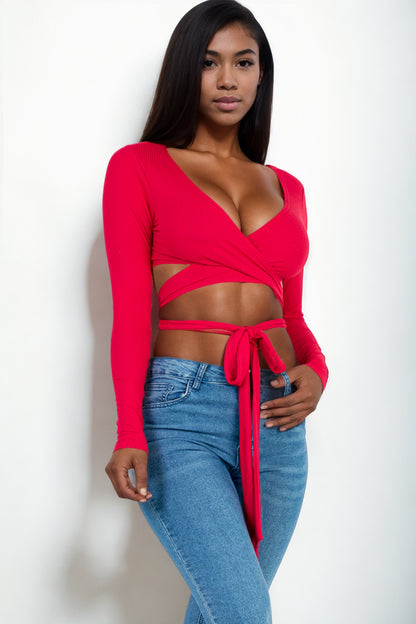 [$3/piece] Cross Wrap Tie Front Rib Knit Crop Top