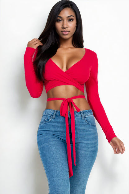 [$3/piece] Cross Wrap Tie Front Rib Knit Crop Top