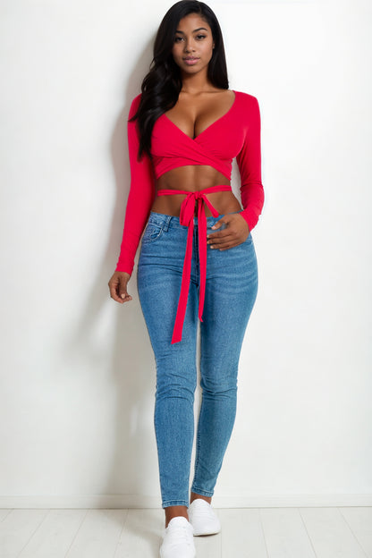 [$3/piece] Cross Wrap Tie Front Rib Knit Crop Top