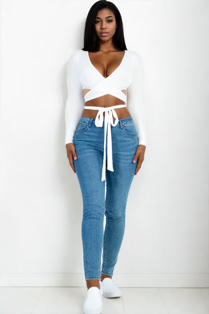 [$3/piece] Cross Wrap Tie Front Rib Knit Crop Top