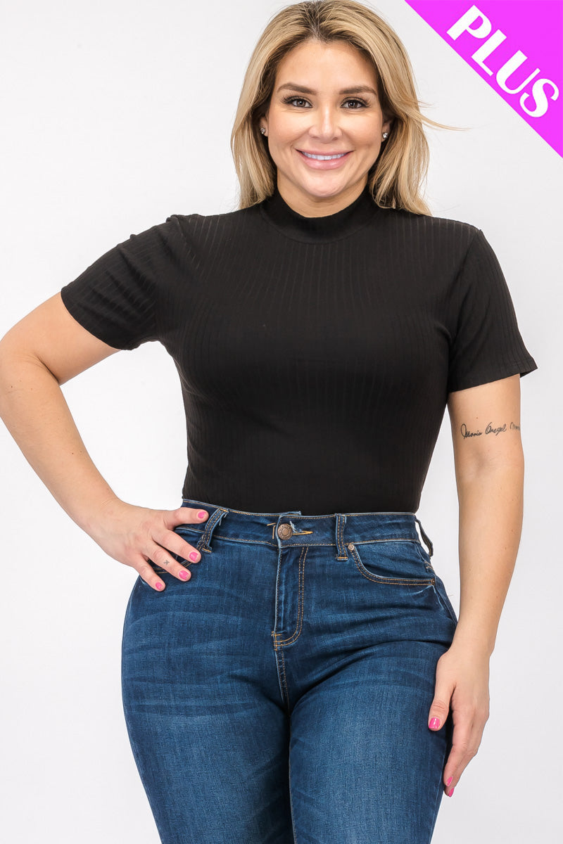 Plus Size Ribbed Short Sleeve Bodysuit - Capella Apparel