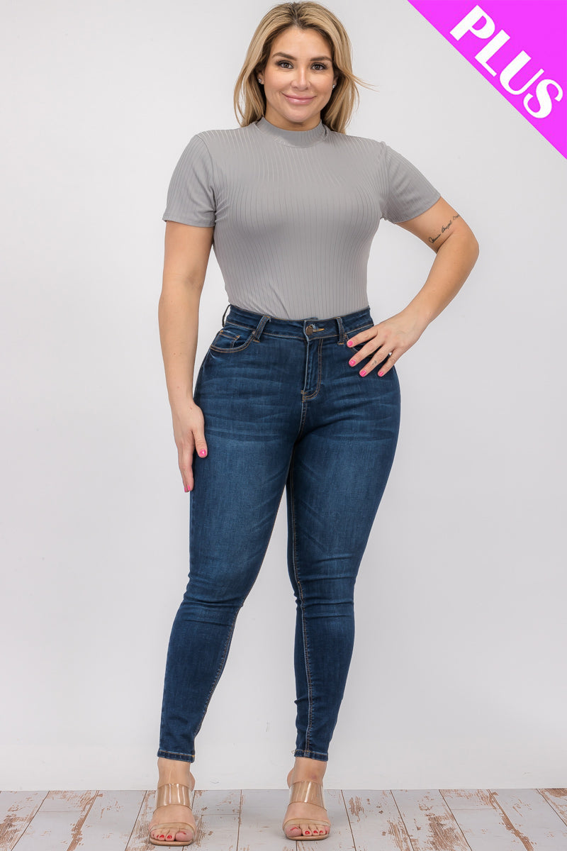 Plus Size Ribbed Short Sleeve Bodysuit - Capella Apparel