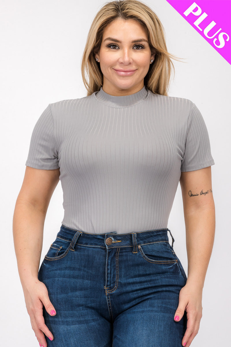 Plus Size Ribbed Short Sleeve Bodysuit - Capella Apparel