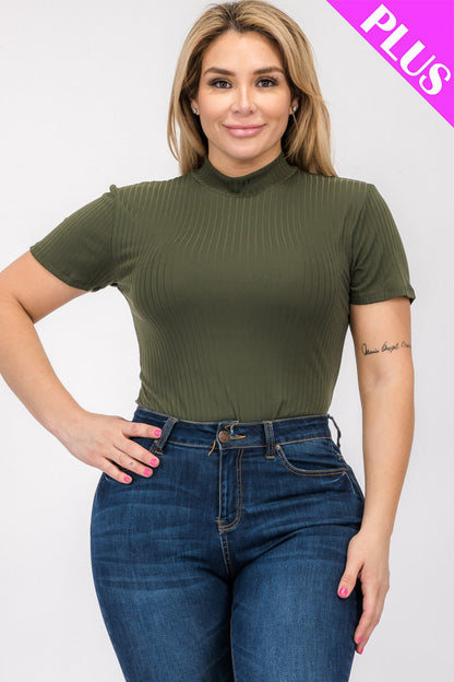 Plus Size Ribbed Short Sleeve Bodysuit - Capella Apparel