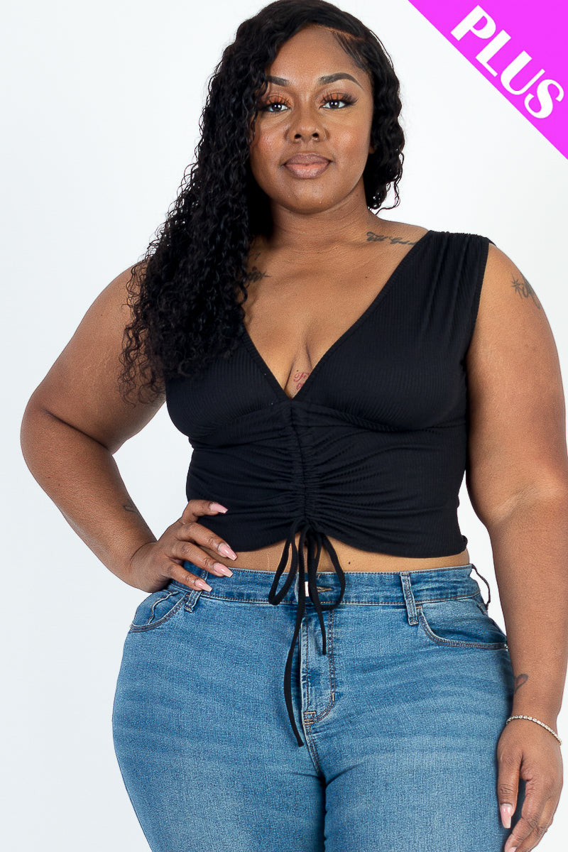 Plus Size Ribbed Ruched Drawstring Front Sleeveless V Neck Top - Capella Apparel