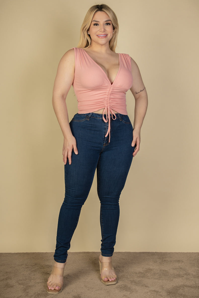 Plus Size Ribbed Ruched Drawstring Front Sleeveless V Neck Top - Capella Apparel
