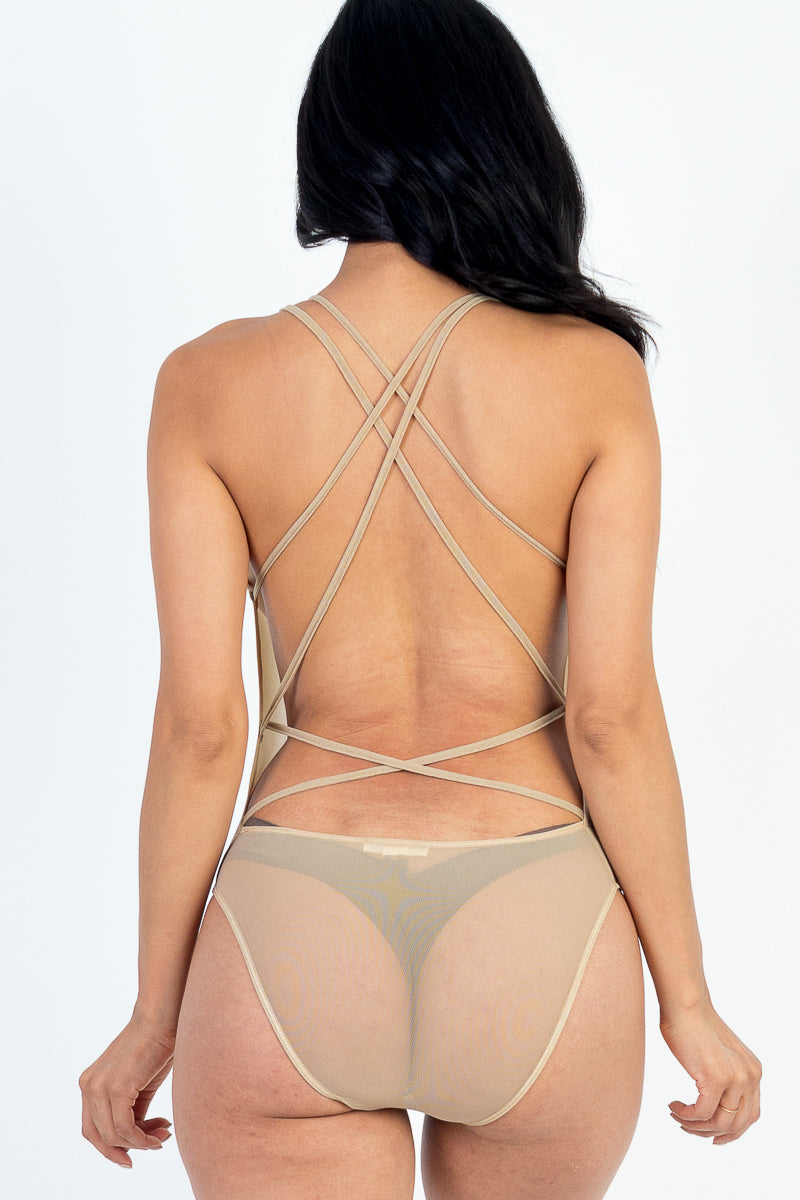 Poly Mesh Crisscross Backless Bodysuit - Capella Apparel