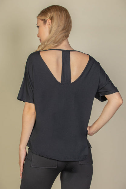 Cut-out Back Curved Hem Short Sleeve Top - Capella Apparel