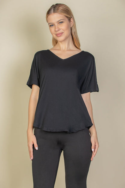 Cut-out Back Curved Hem Short Sleeve Top - Capella Apparel