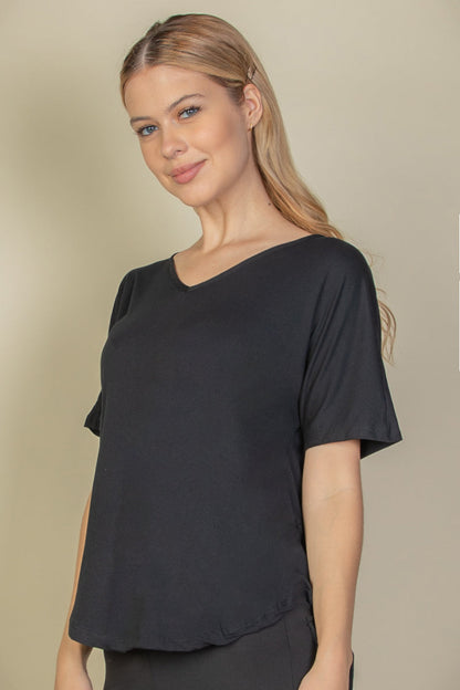 Cut-out Back Curved Hem Short Sleeve Top - Capella Apparel