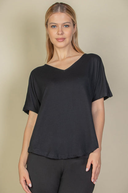 Cut-out Back Curved Hem Short Sleeve Top - Capella Apparel