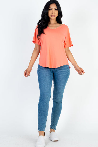 Cut-out Back Curved Hem Short Sleeve Top - Capella Apparel