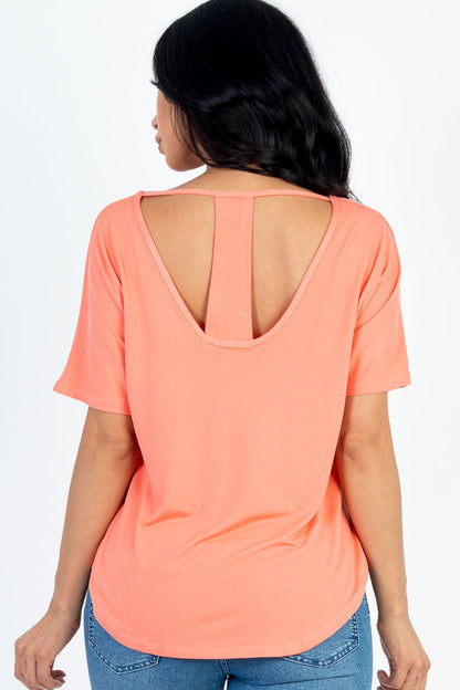 Cut-out Back Curved Hem Short Sleeve Top - Capella Apparel