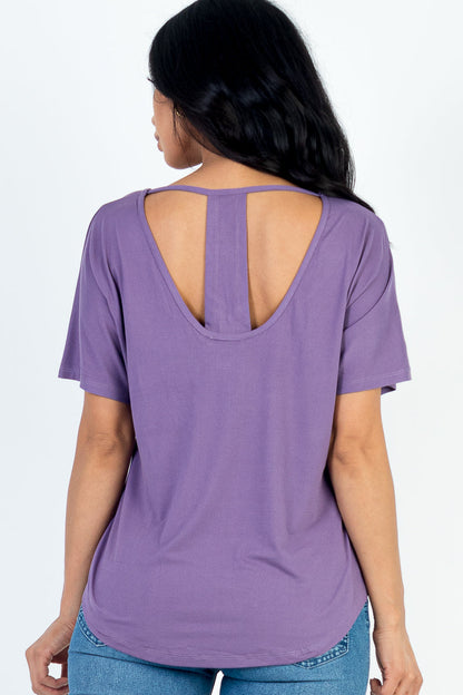 Cut-out Back Curved Hem Short Sleeve Top - Capella Apparel