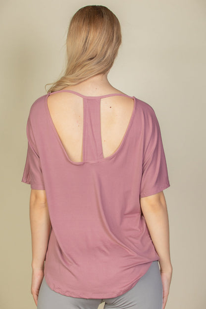 Cut-out Back Curved Hem Short Sleeve Top - Capella Apparel