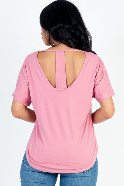 Cut-out Back Curved Hem Short Sleeve Top - Capella Apparel