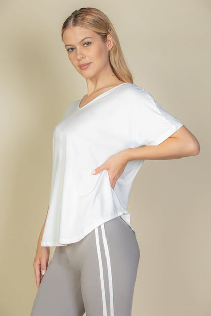 Cut-out Back Curved Hem Short Sleeve Top - Capella Apparel