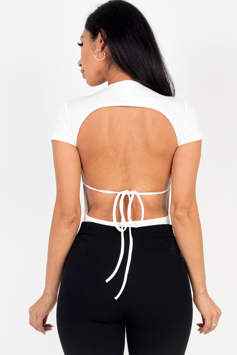 Ribbed Knit Backless Short Sleeve Bodysuit - Capella Apparel