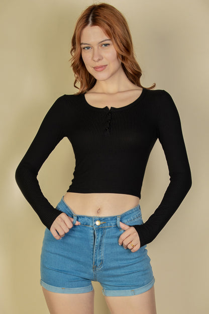 [$3/piece] Ribbed Button Up Long Sleeve Crop Top