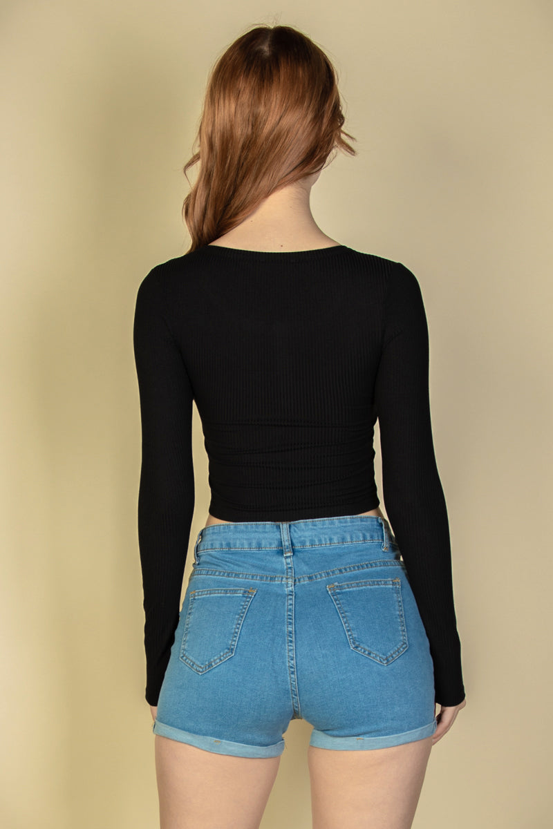 [$3/piece] Ribbed Button Up Long Sleeve Crop Top