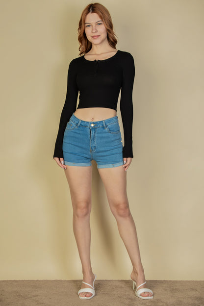 [$3/piece] Ribbed Button Up Long Sleeve Crop Top