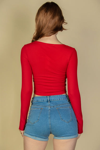 [$3/piece] Ribbed Button Up Long Sleeve Crop Top