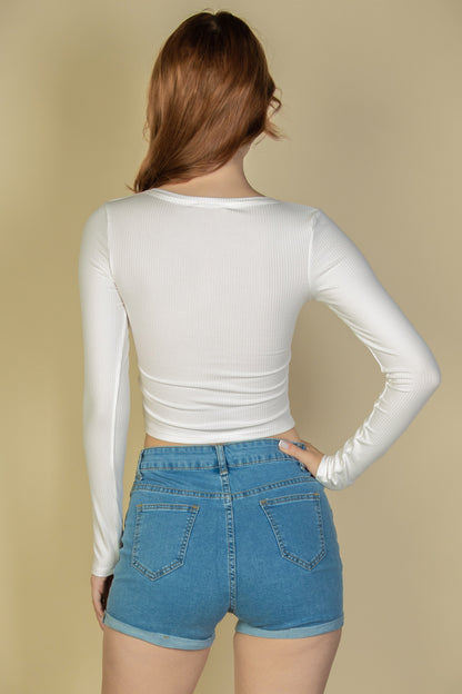 [$3/piece] Ribbed Button Up Long Sleeve Crop Top