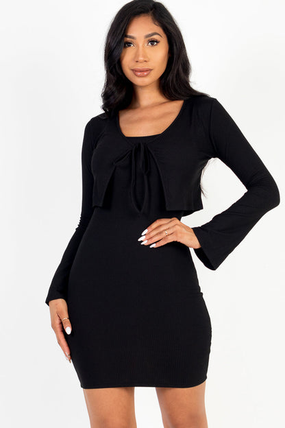 Rib Cropped Cardigan & Mini Cami Bodycon Dress - Capella Apparel