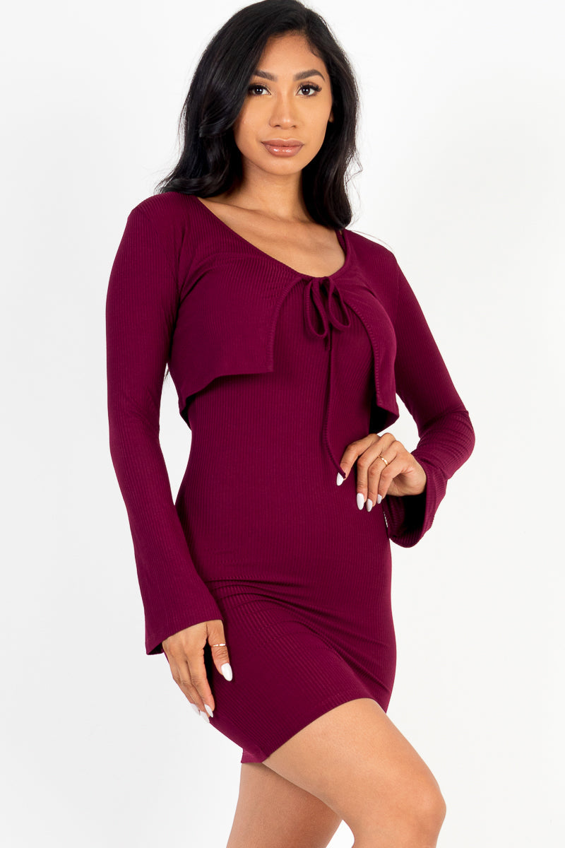 Rib Cropped Cardigan & Mini Cami Bodycon Dress - Capella Apparel