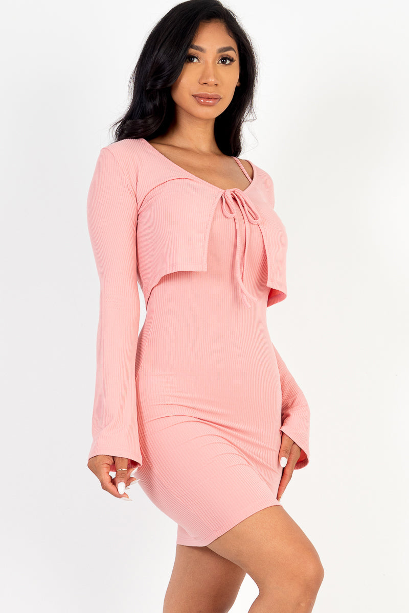 Rib Cropped Cardigan & Mini Cami Bodycon Dress - Capella Apparel