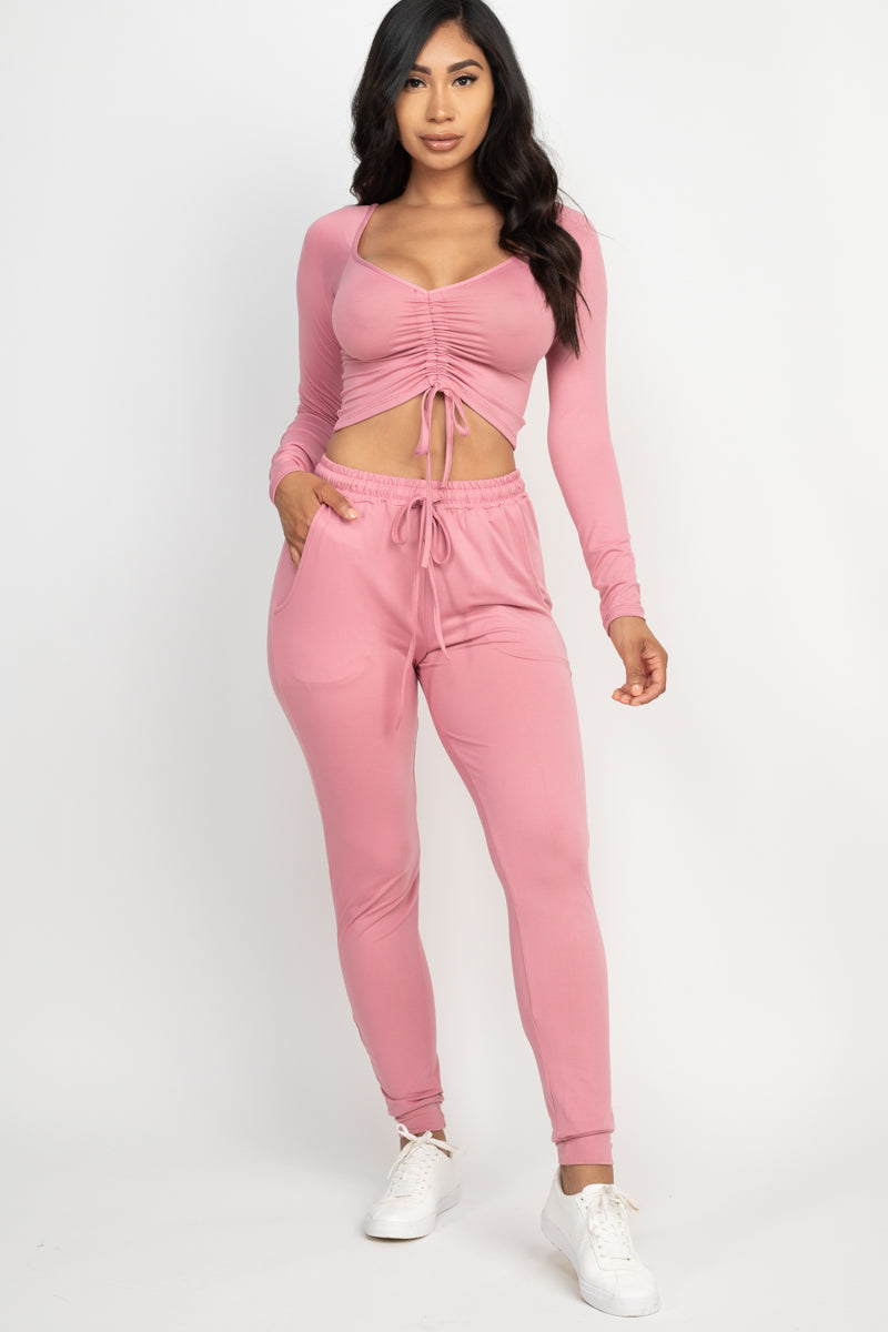 [$5/piece] Long Sleeve Ruched Crop Top and Joggers Set