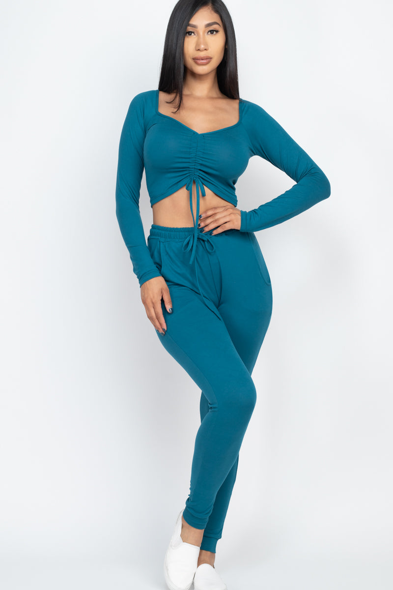 [$5/piece] Long Sleeve Ruched Crop Top and Joggers Set