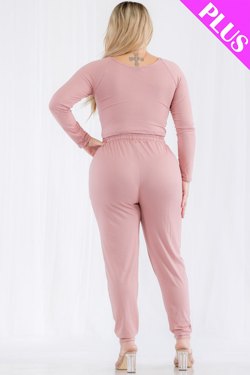 Plus Size Long Sleeve Ruched Crop Top and Joggers Set - Wholesale Capella Apparel