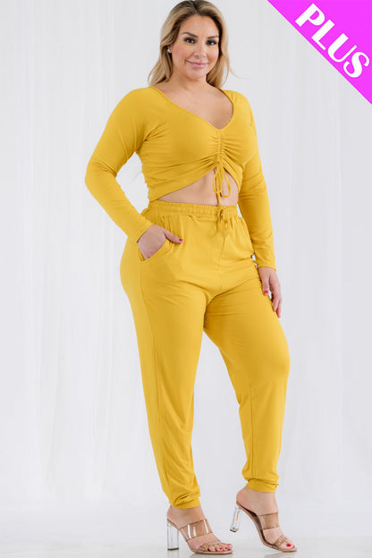 Plus Size Long Sleeve Ruched Crop Top and Joggers Set - Wholesale Capella Apparel