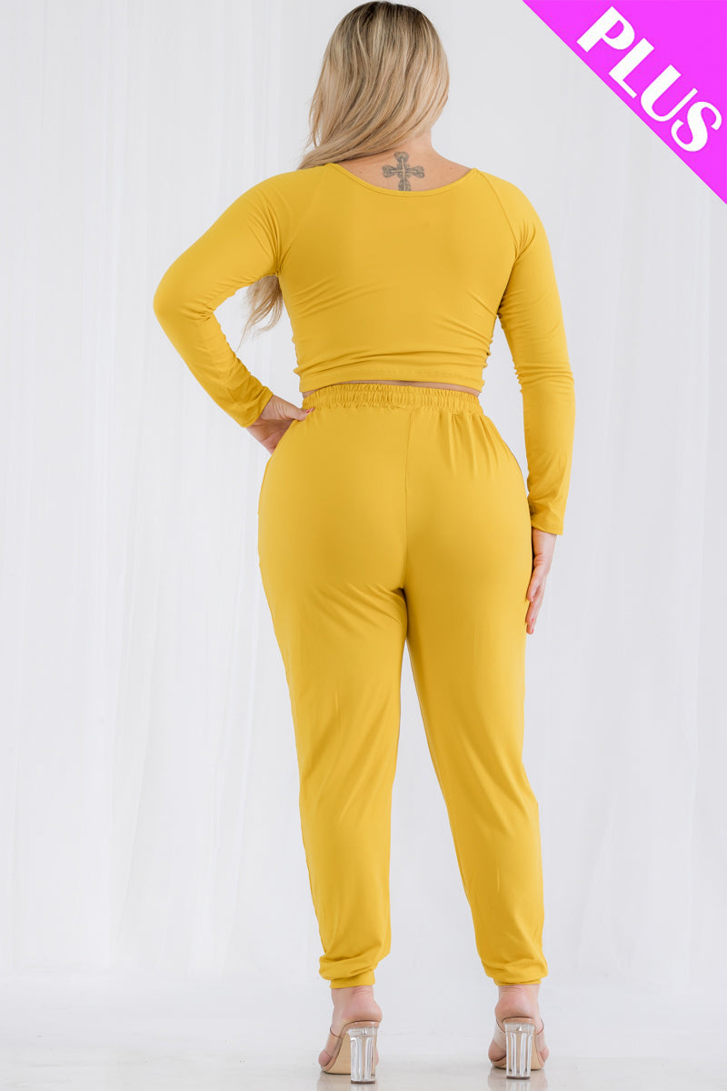 Plus Size Long Sleeve Ruched Crop Top and Joggers Set - Wholesale Capella Apparel