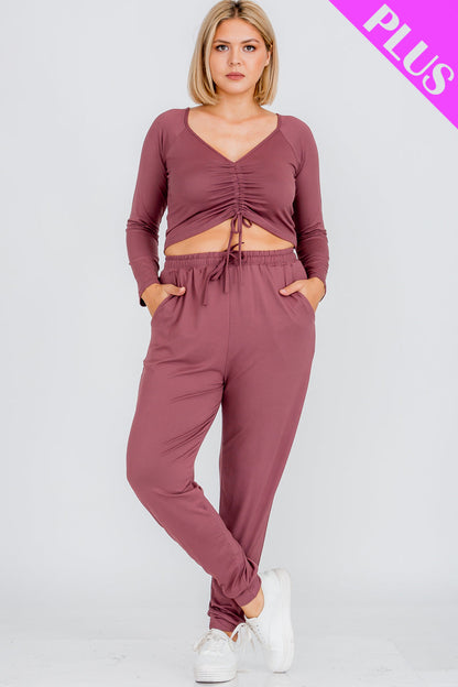 Plus Size Long Sleeve Ruched Crop Top and Joggers Set - Wholesale Capella Apparel