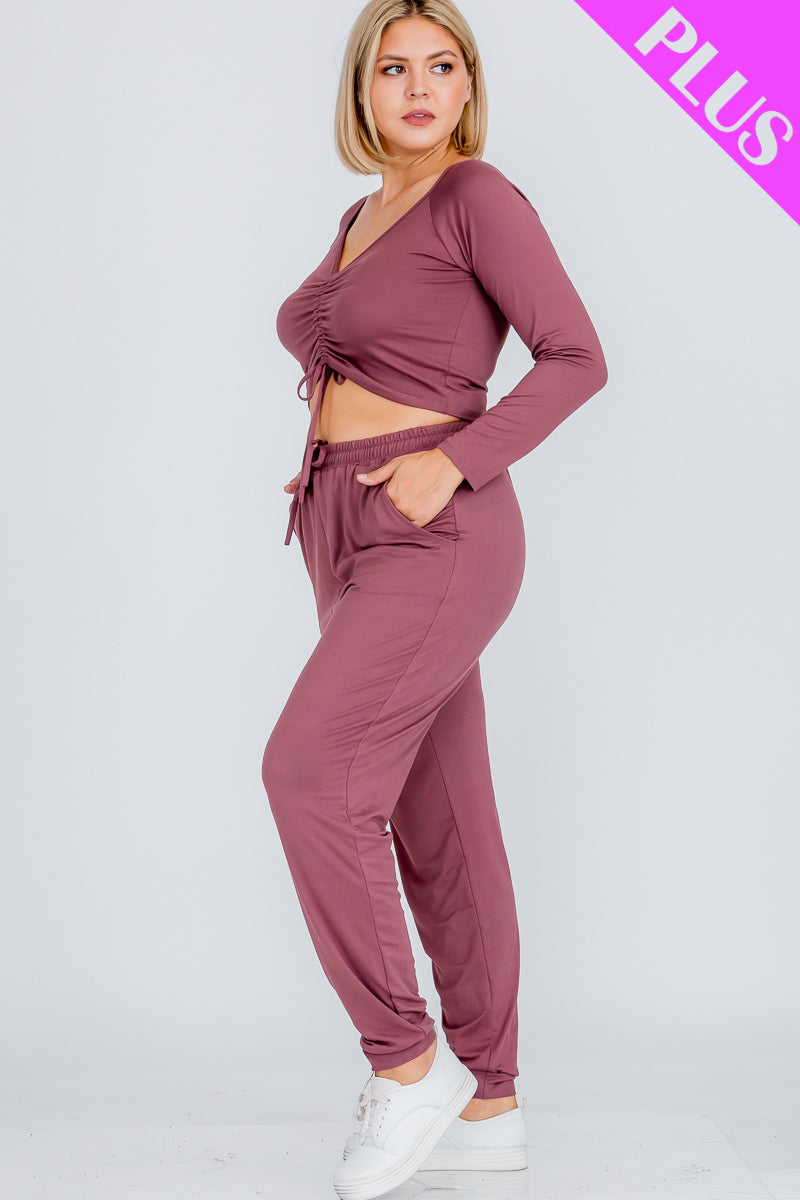 Plus Size Long Sleeve Ruched Crop Top and Joggers Set - Wholesale Capella Apparel